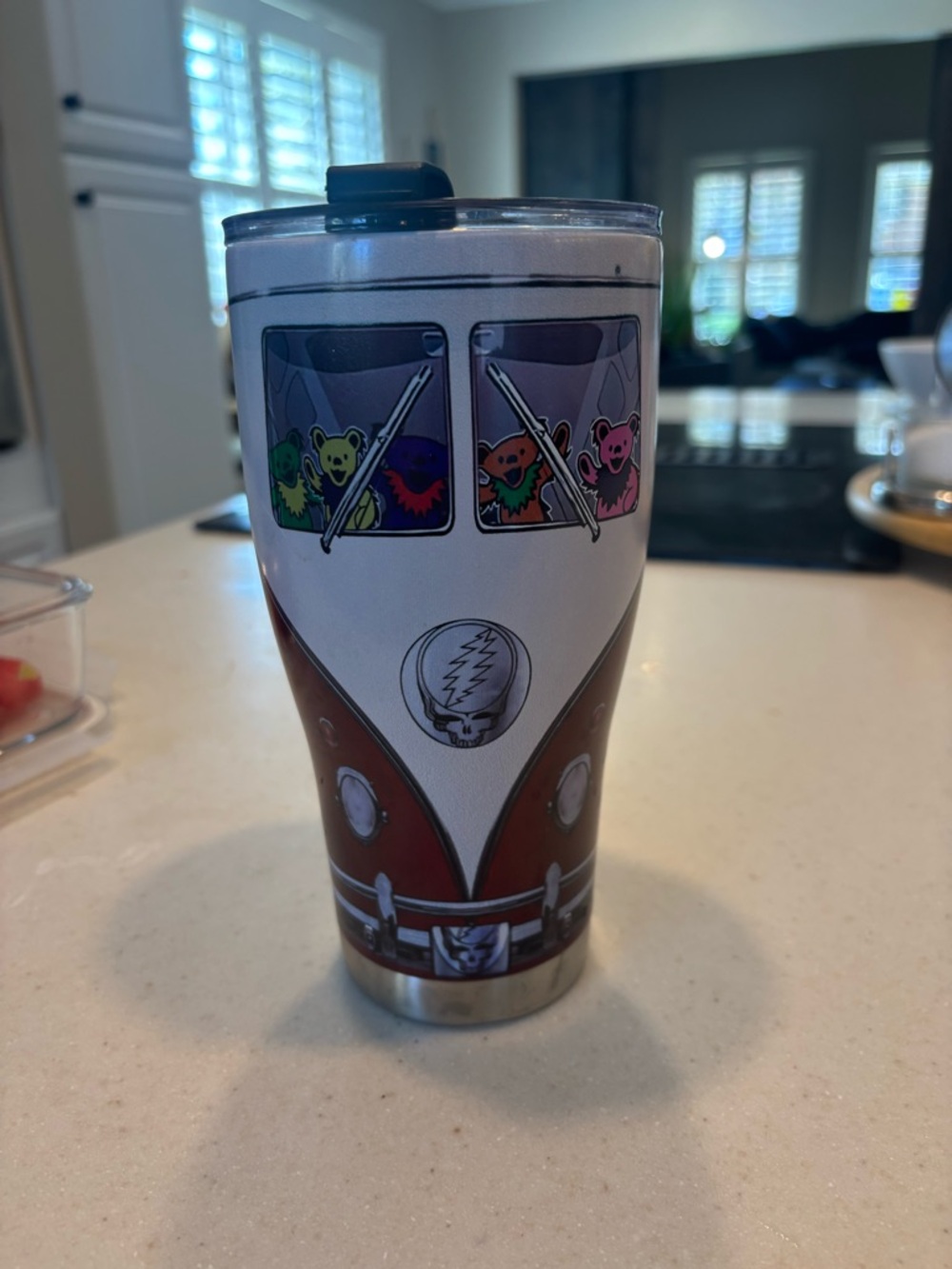 Stainless Insulated Tumbler with Grateful Dead VW Bus Design - Brown/White